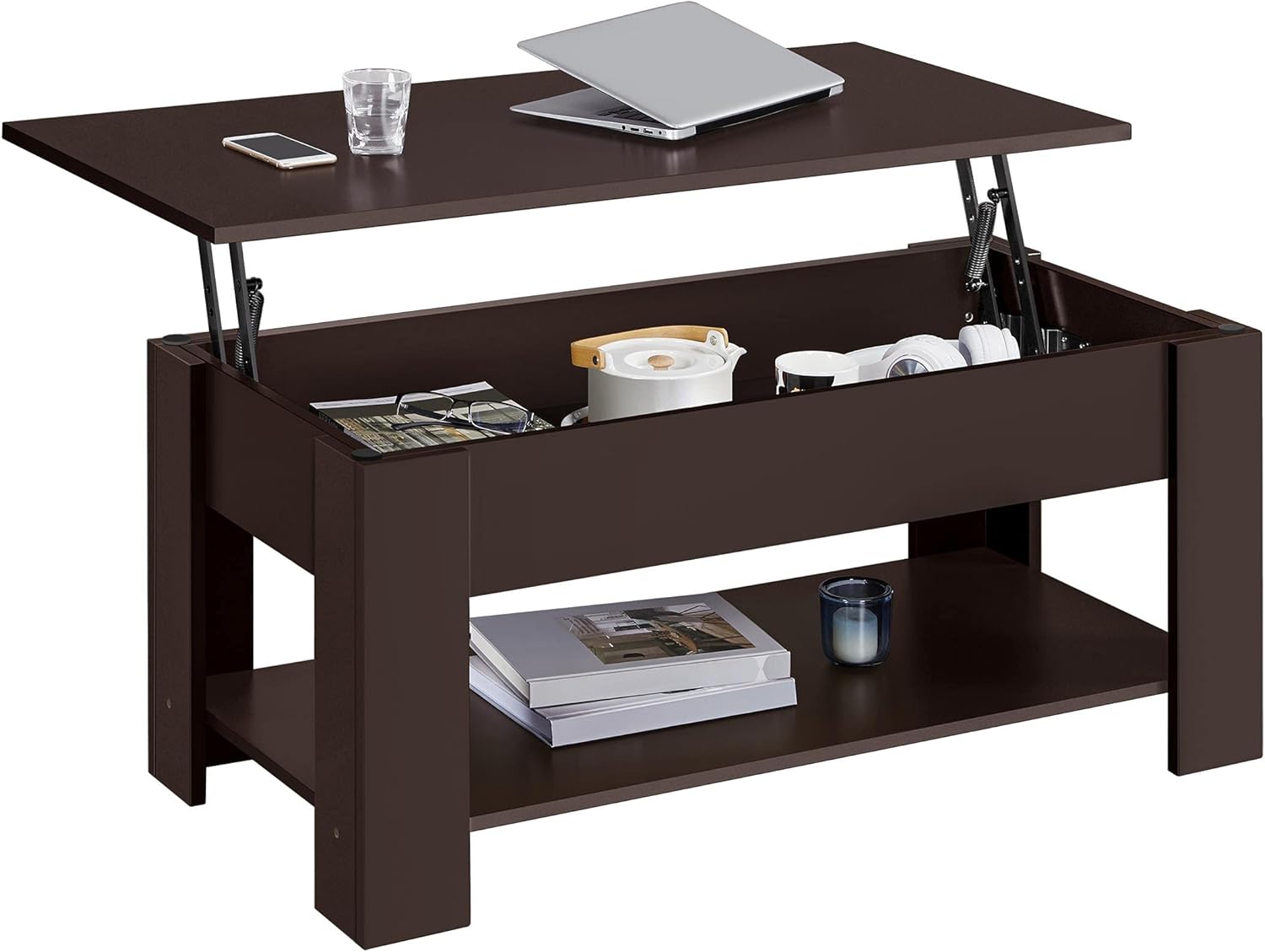 Black Wood Lift Top Coffee Table with Hidden Compartment and Storage Shelf V5704