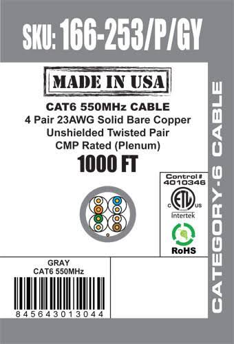 1000ft Solid Plenum Cat6 Cable 23AWG 550MHz CMP Gray B1629