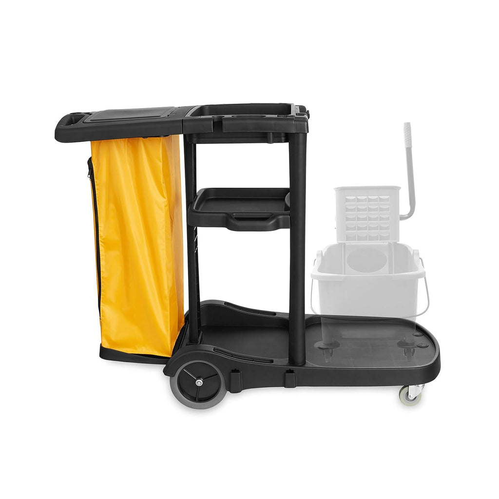 Black Housekeeping Cleaning Cart with Shelves and Vinyl Bag P783971