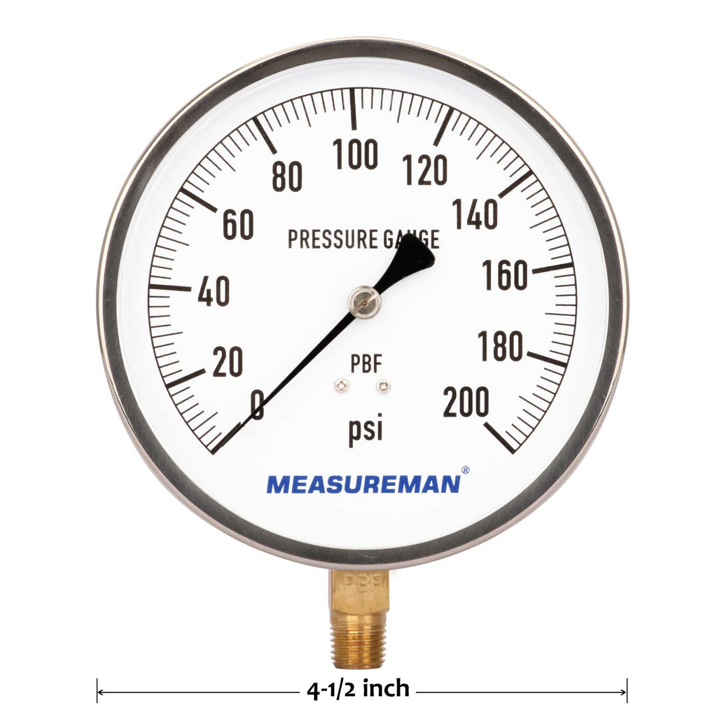 304 Stainless Steel Case Pressure Gauge, 0-200Psi, 4-1/2 Dial Size, Pack of 2 A539866