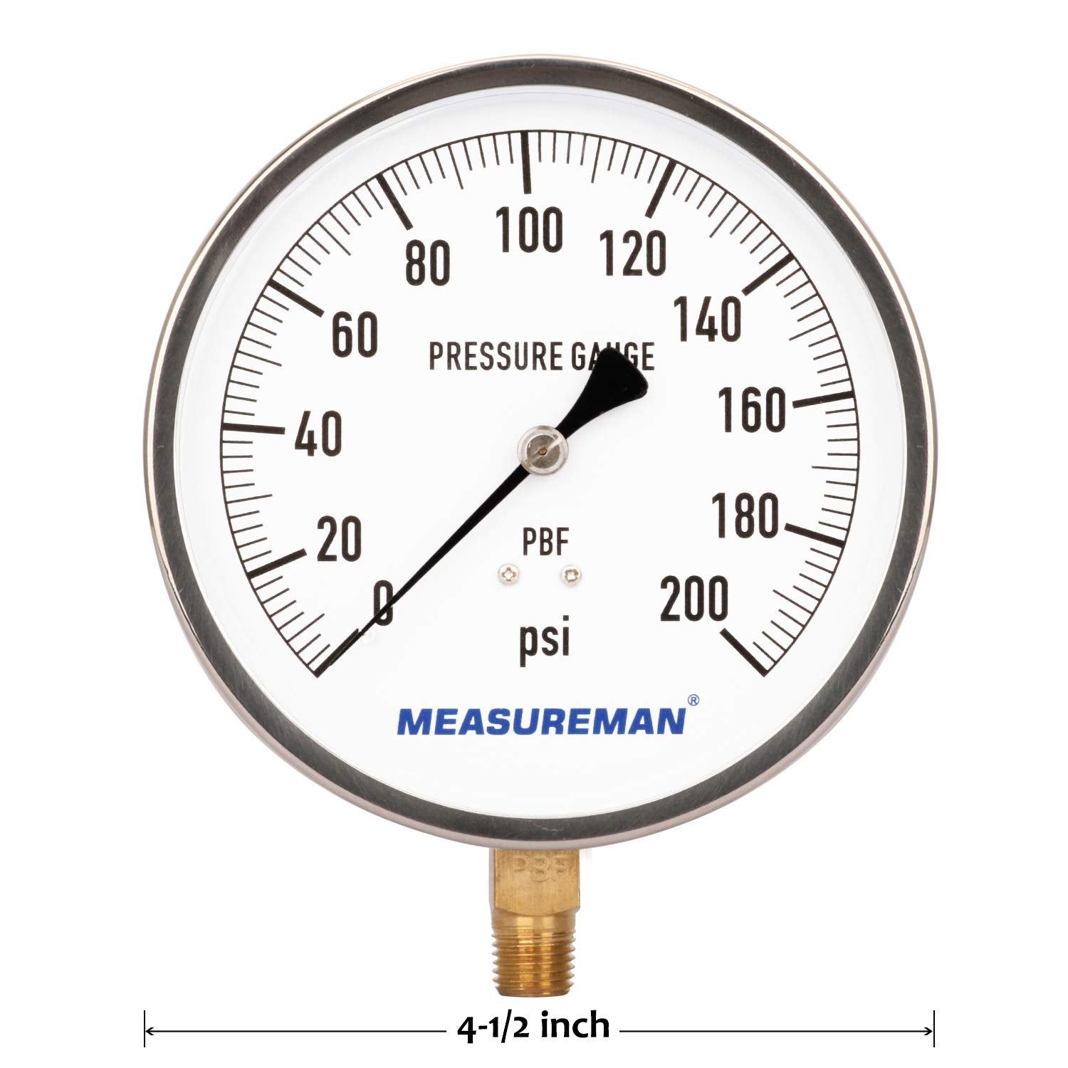 304 Stainless Steel Case Pressure Gauge, 0-200Psi, 4-1/2 Dial Size, Pack of 2 A539866