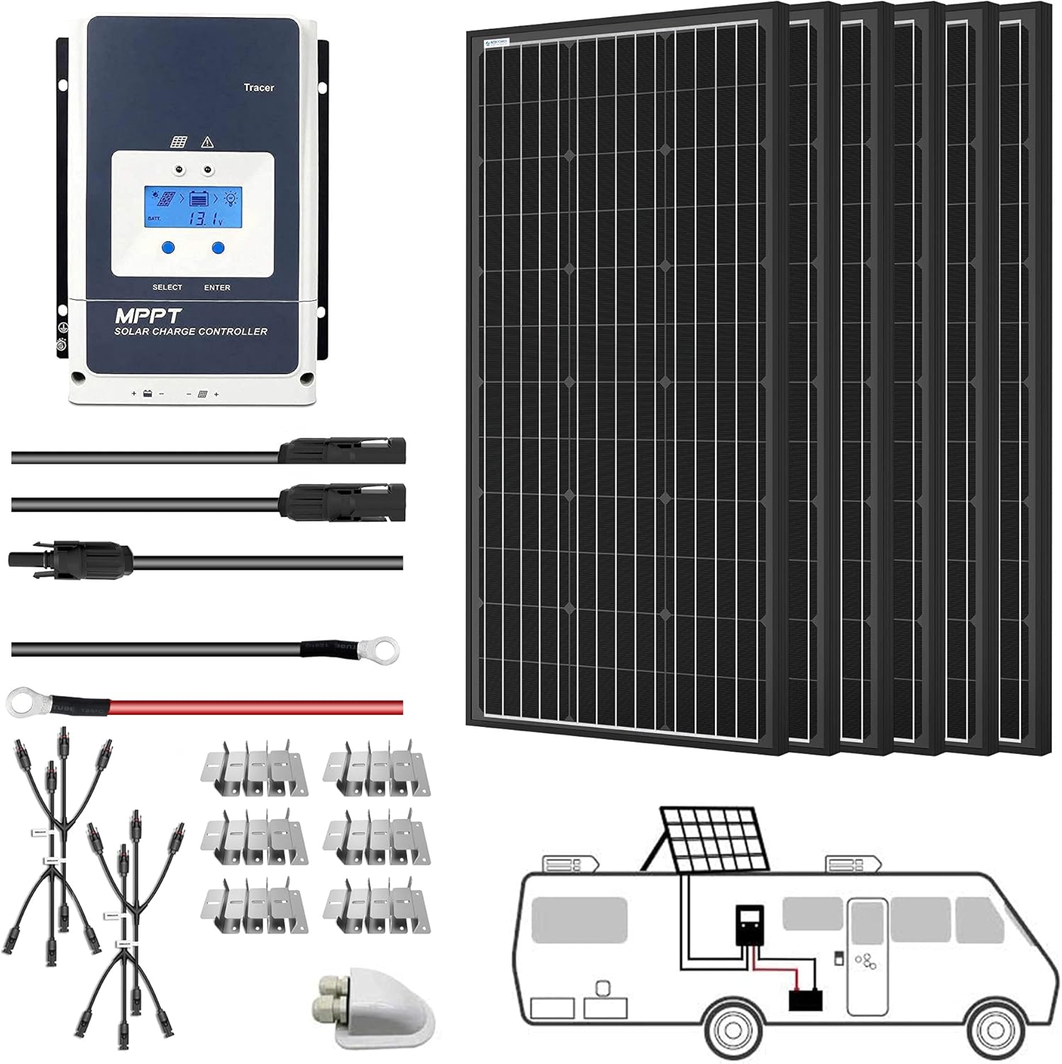 600W Monocrystalline Panel Solar RV Kit with 50A MPPT LCD Charge Controller E985