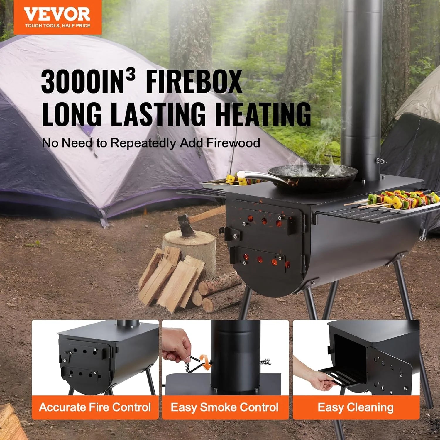 118 inch Alloy Steel Portable Wood Burning Stove with Chimney Pipes & Gloves Y607