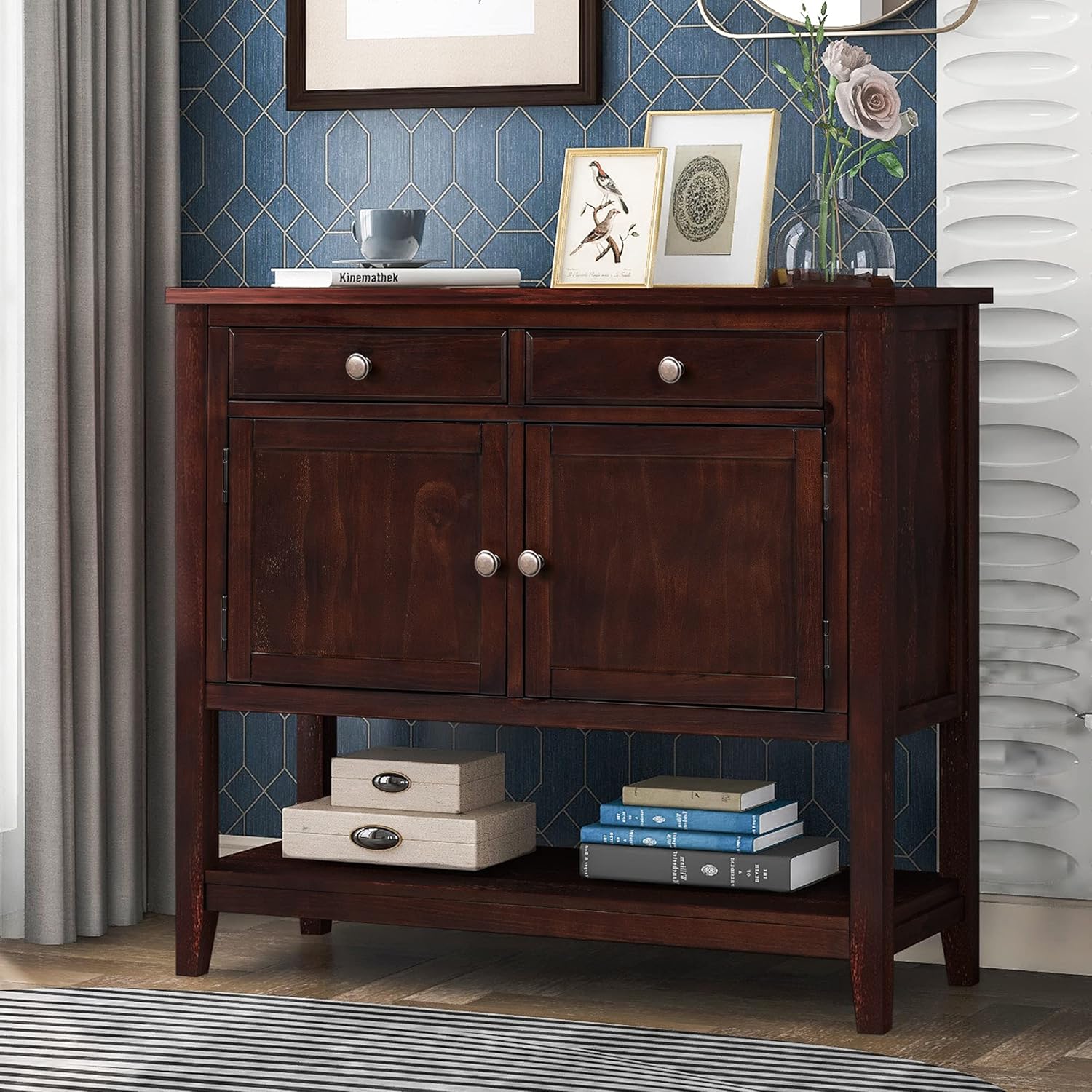 Espresso Wood Console Table with 2 Drawers, 2 Cabinets, 1 Shelf O708