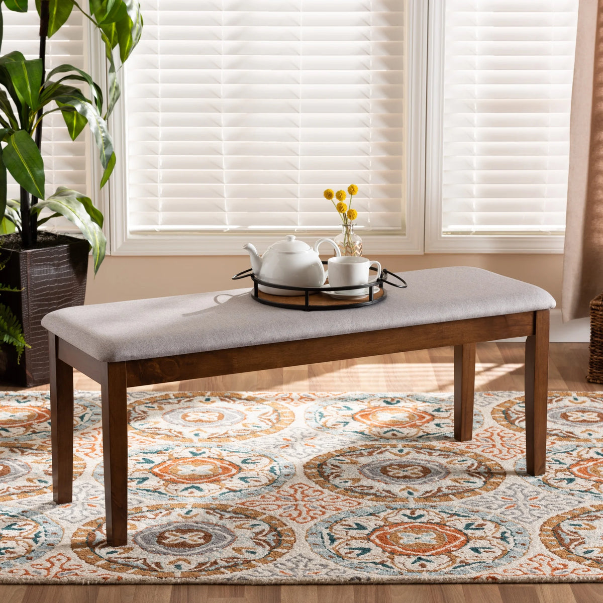 Gray Fabric and Walnut Finished Wood Dining Bench X905