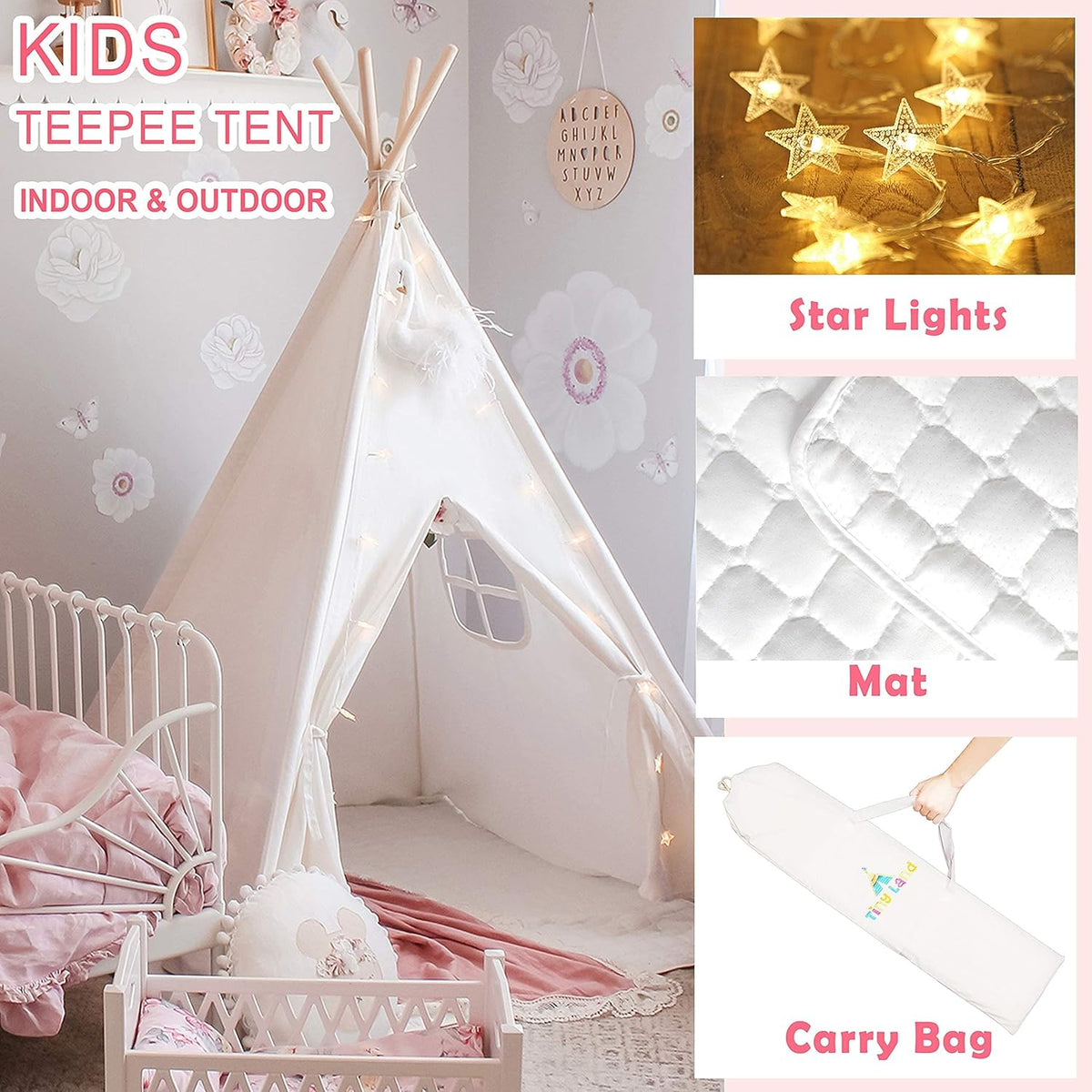 White Canvas Kids Teepee Tent with Padded Mat & Carry Case Z3516