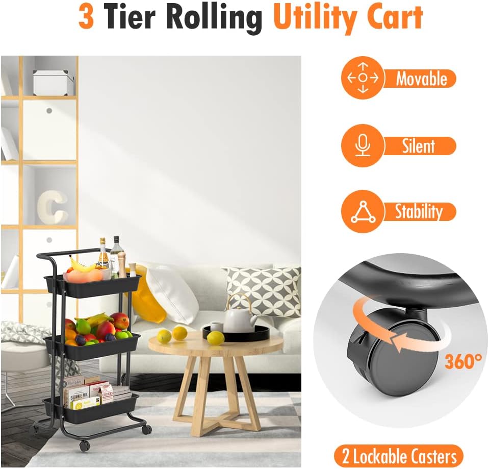 3 Tier Rolling Utility Cart with Removal Handle and 2 Lockable Wheels, Black K35398