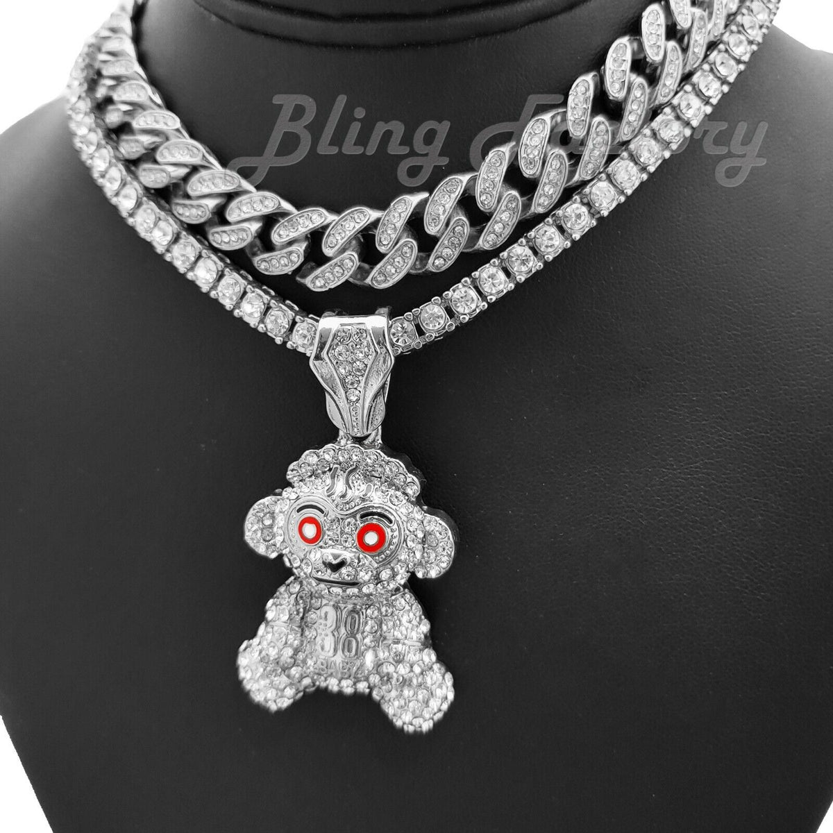 Monkey Pendant 18" Tennis & Cuban Choker Chain Necklace H282728