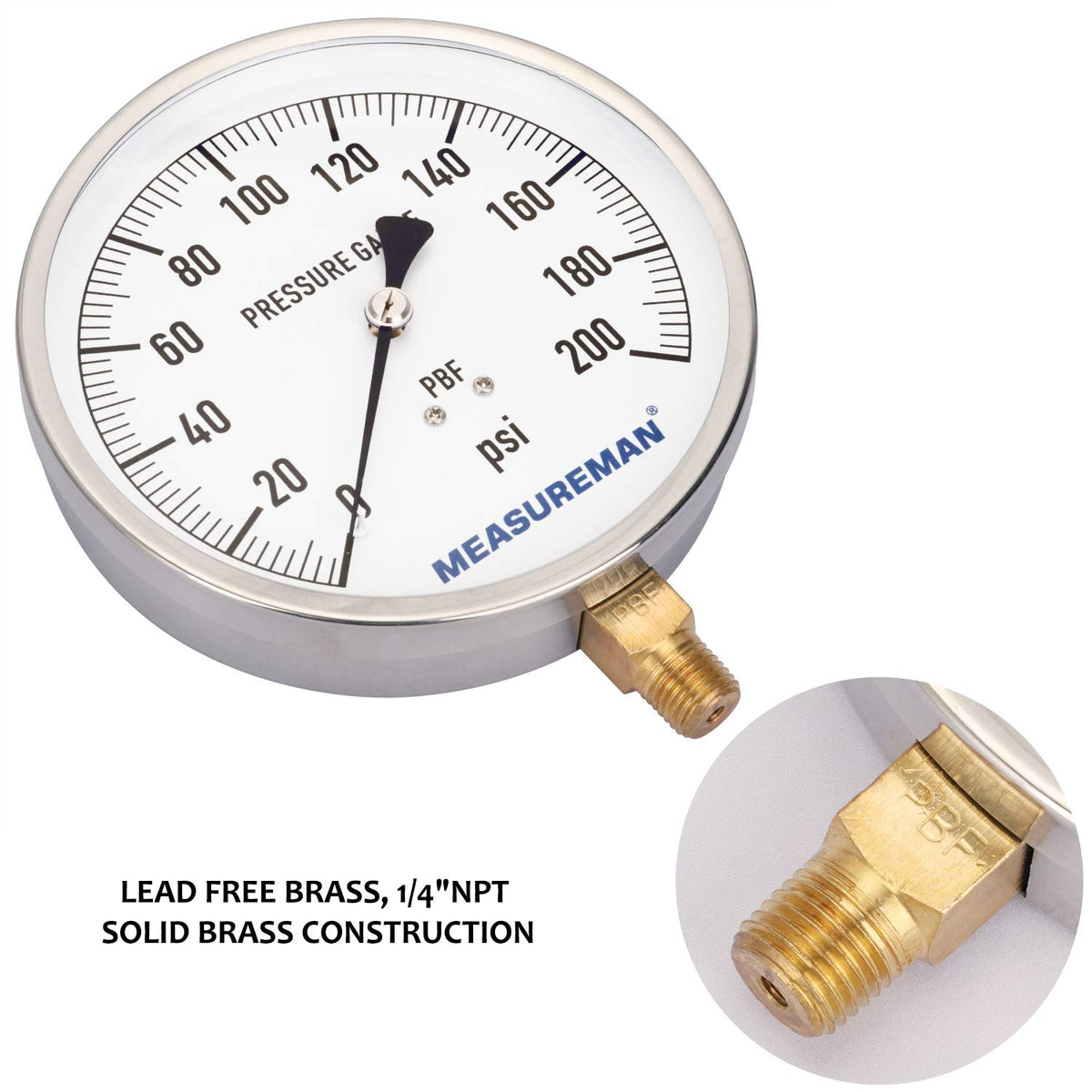 304 Stainless Steel Case Pressure Gauge, 0-200Psi, 4-1/2 Dial Size, Pack of 2 A539866