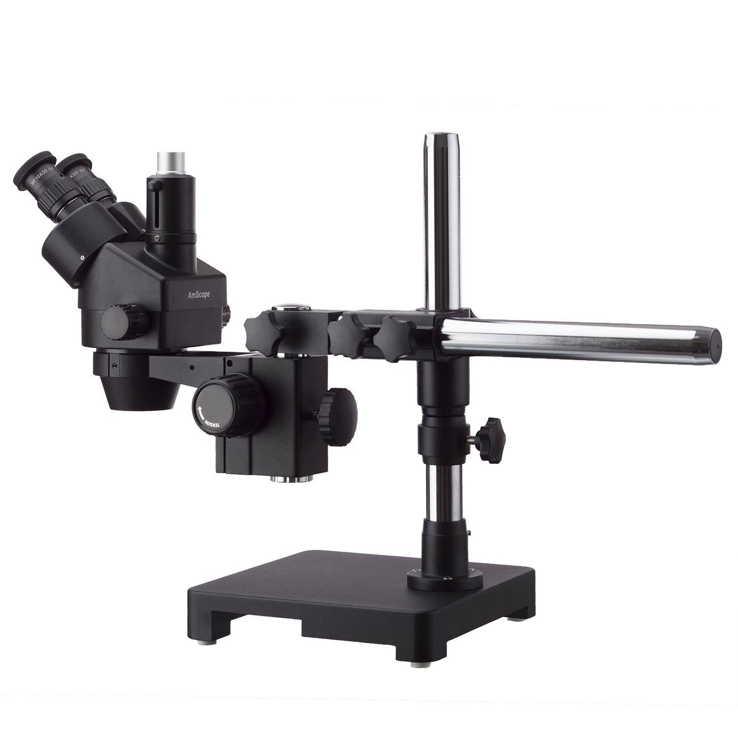 Black Trinocular Stereo Zoom Microscope on Single Arm Boom Stand with Fluorescent Ring Light B95028