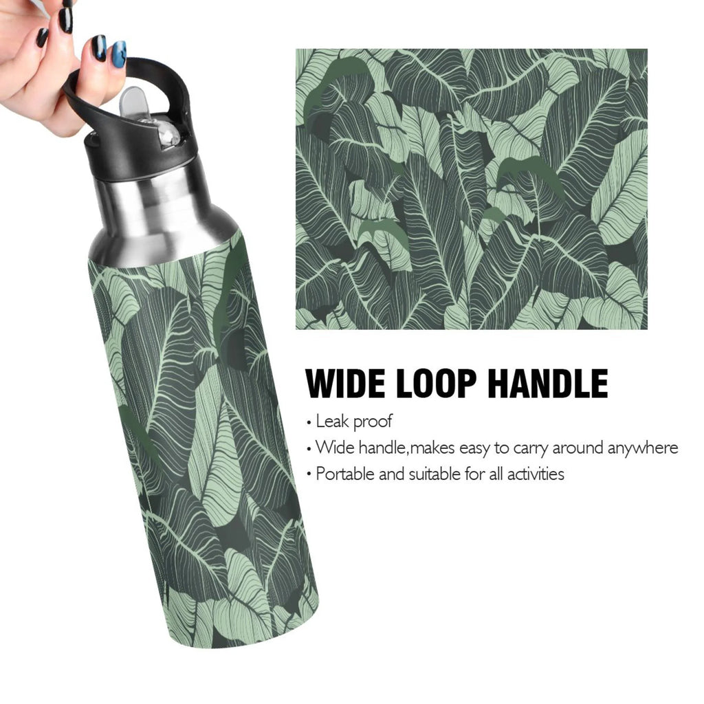 Tropical Green Leaves Stainless Steel Insulated Water Bottle with Straw Lid U5888
