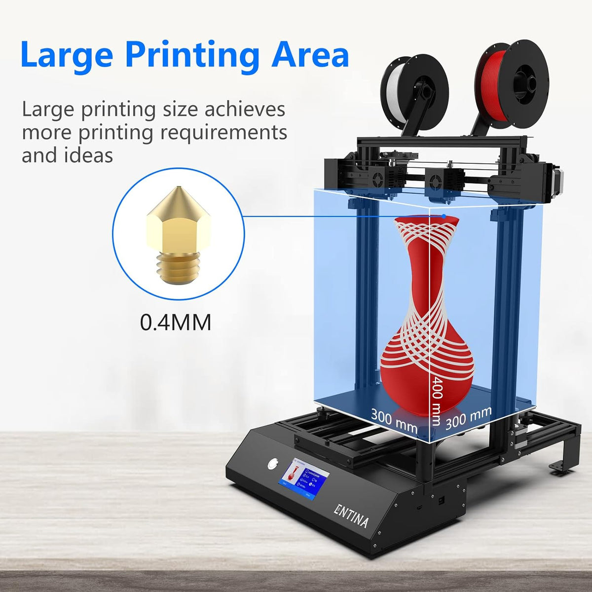 3D Printer with Independent Dual Extruder, 300x300x400mm A9110
