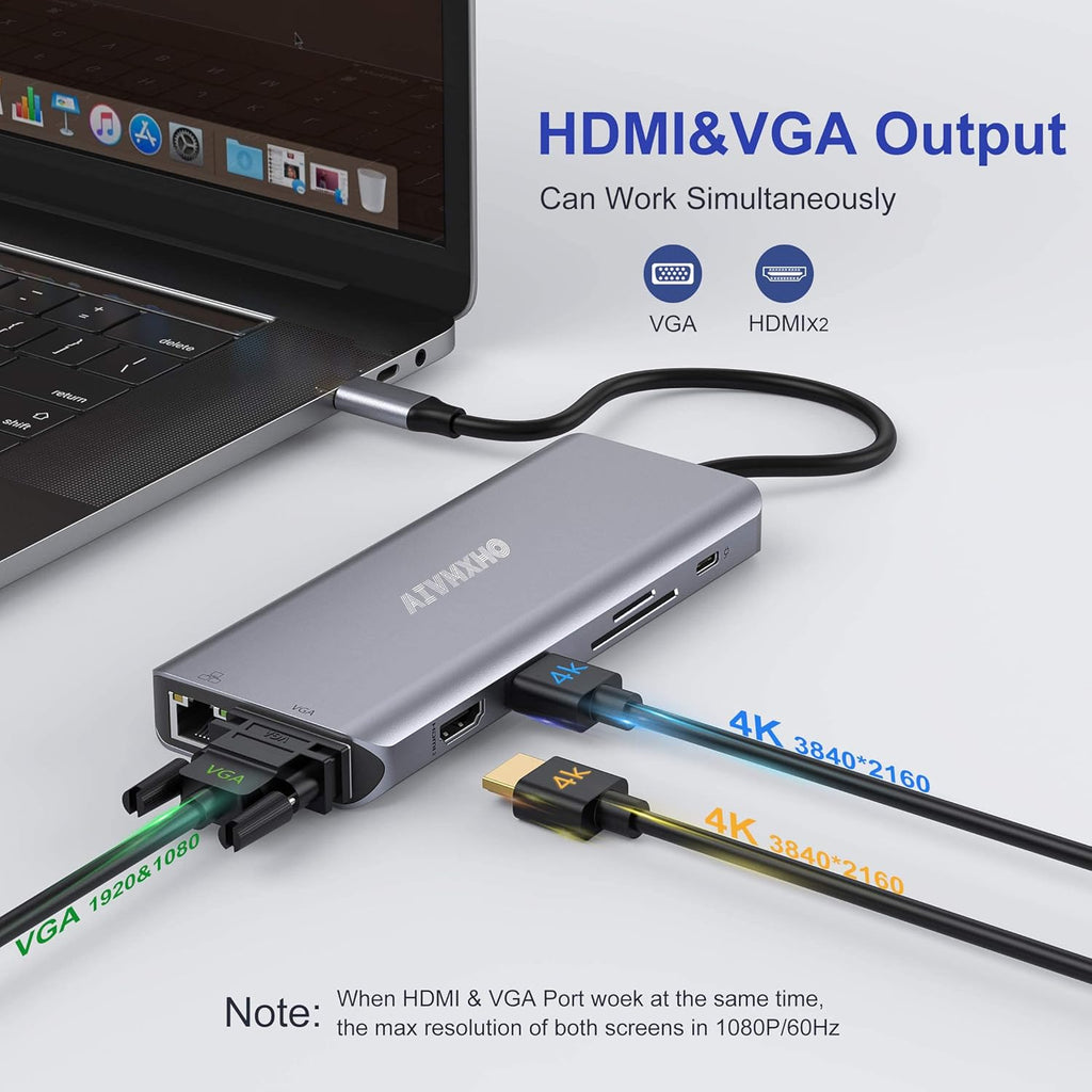 USB C Laptop Docking Station, 12-in-1 USB C Hub, Dual 4K HDMI, VGA, Gigabit Ethernet, 2 USB 3.0, 2 USB 2.0, 100W PD, SD/TF Card Reader, AUX, Pack of 2 Q5831
