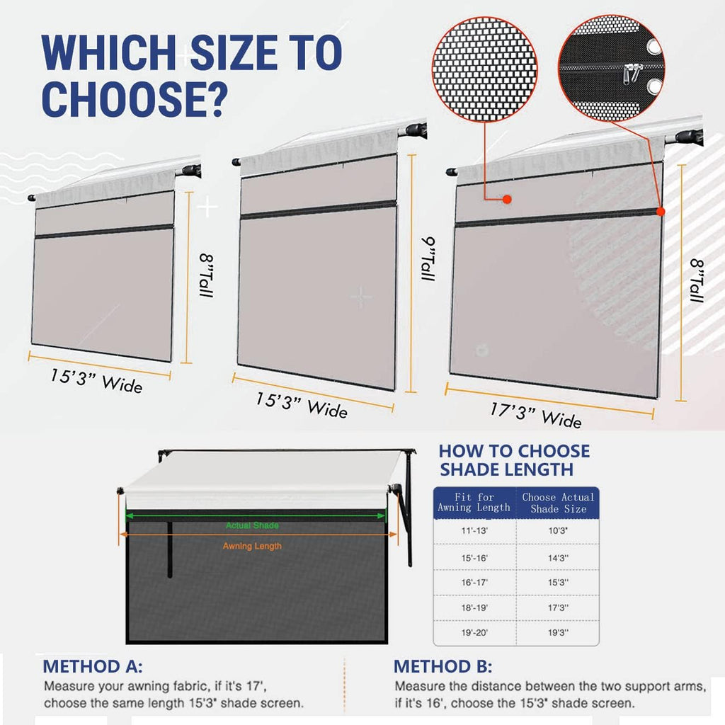 15'X8' Black Mesh RV Awning Shade Screen with Zipper I756