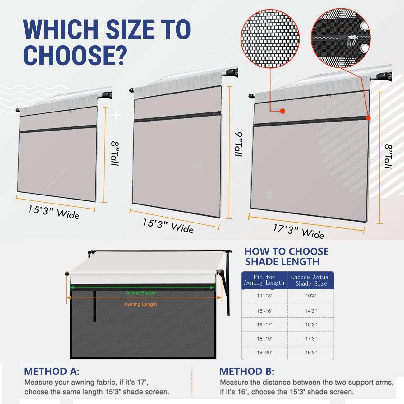 15'X8' Black Mesh RV Awning Shade Screen with Zipper I756