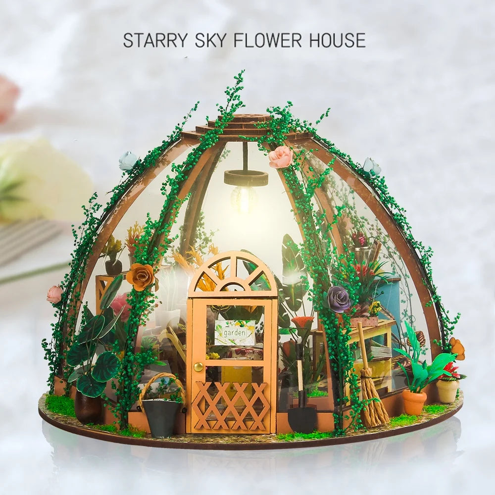 DIY Miniature Dollhouse Kit Wooden Green House LED Light Kids Toy Z79689