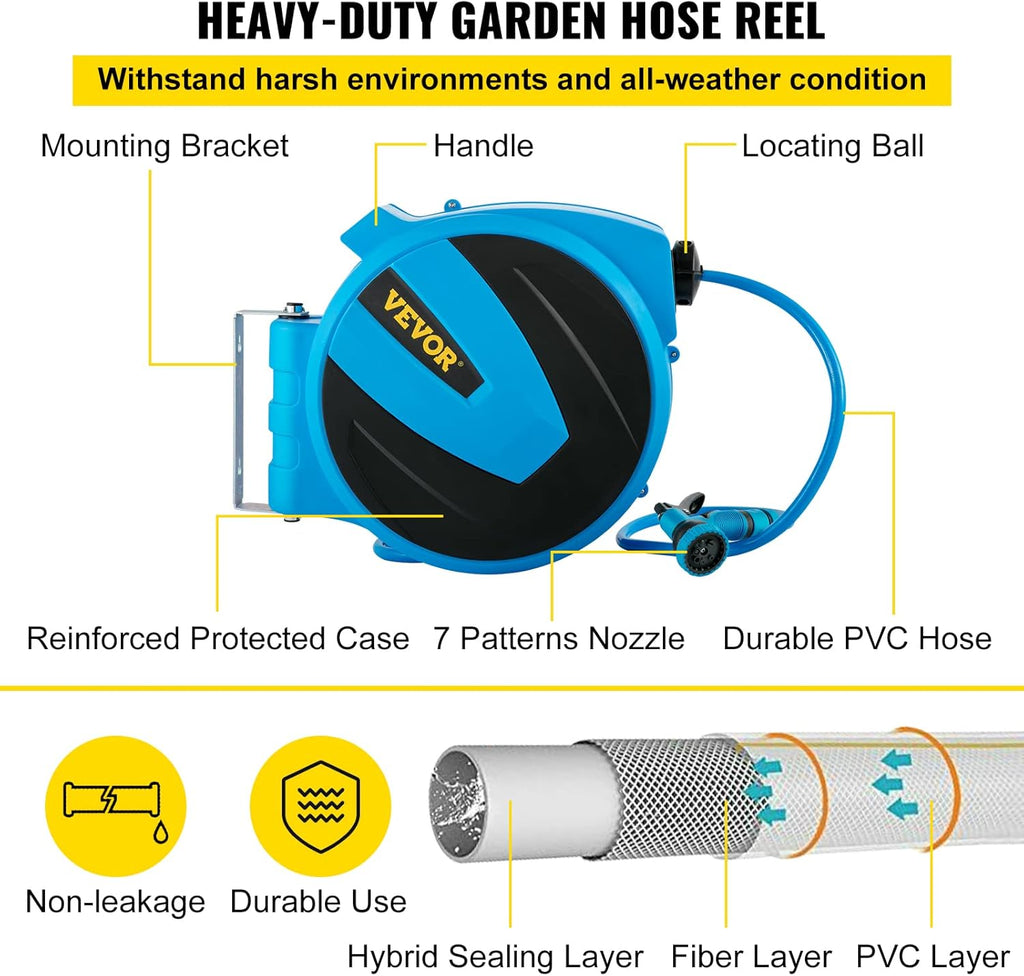 Retractable Hose Reel, 5/8 inch x 50 ft, Wall Mounted Garden Hose Reel, Blue Pack of 2 C835