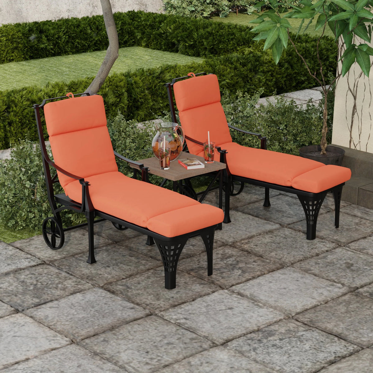 Melon Orange Solid Rectangular Outdoor Chaise Lounge Cushion with Ties and Hanger Loop O84596