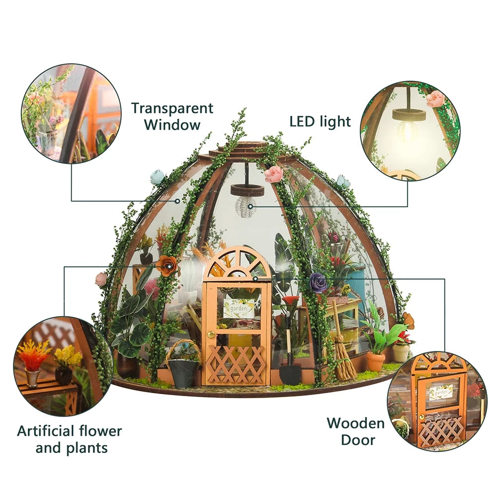 DIY Miniature Dollhouse Kit Wooden Green House LED Light Kids Toy Z79689