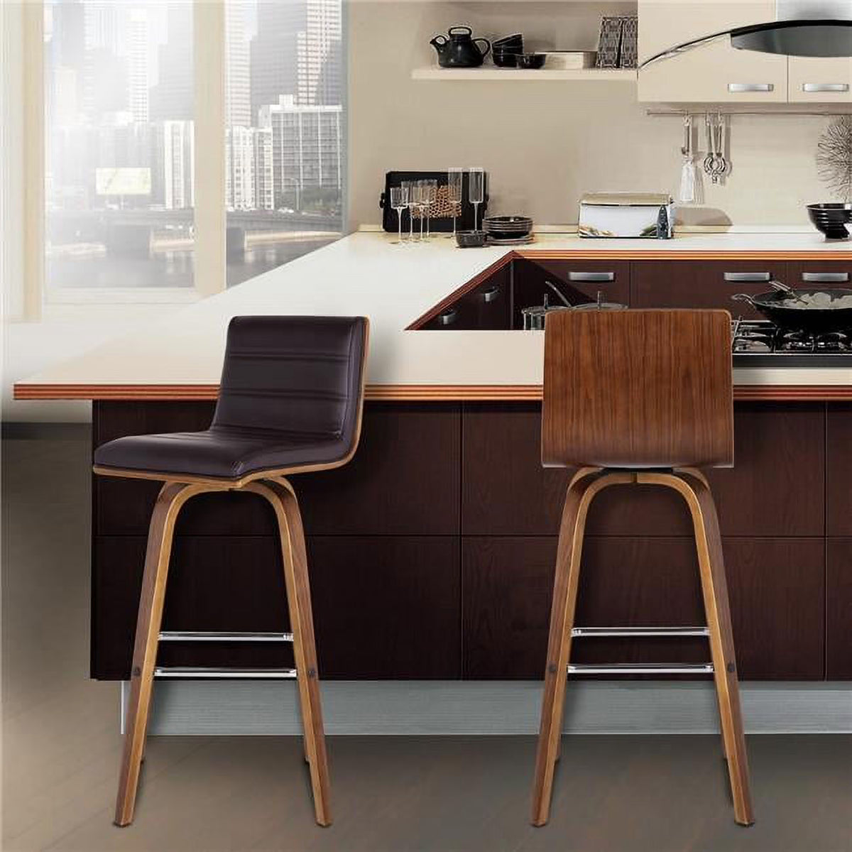 Walnut Wood Counter Height Barstool with Brown Faux Leather W556