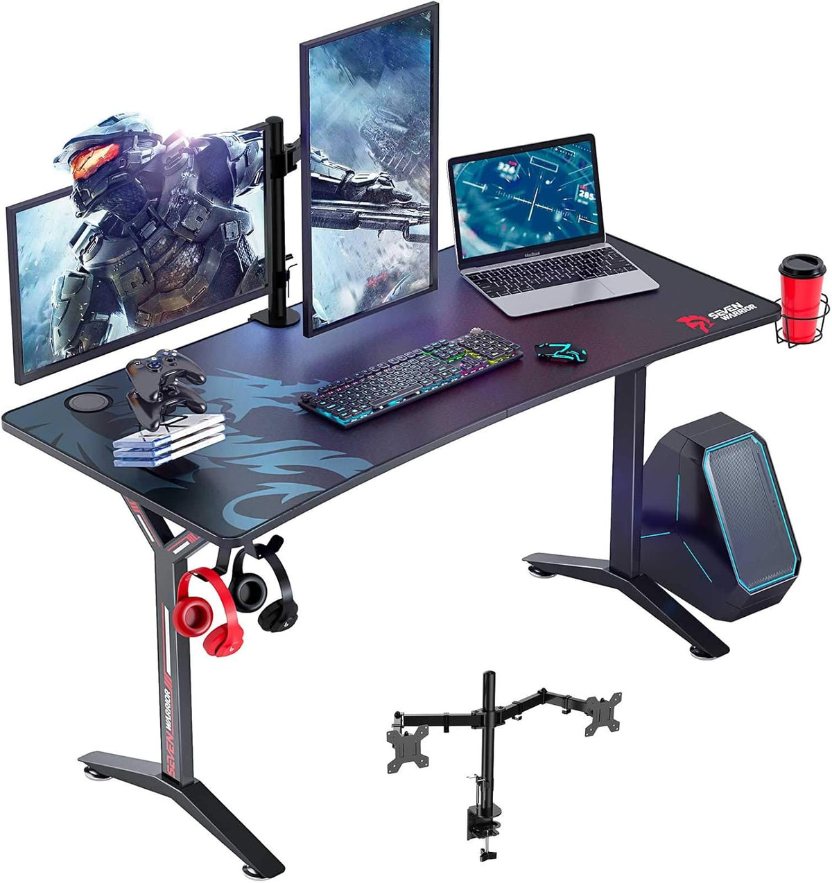 Gaming Desk with Dual Monitor Mount, Carbon Fiber Surface Computer Gamer Desk with Full Desk Mouse Pad, Ergonomic Y Shaped Gamer Table with Outlet Organizer, Gaming Rack W95443
