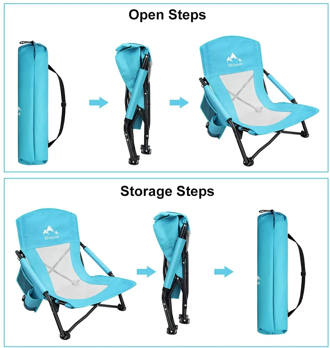 Low Beach Chair with Cup Holder & Storage Bag, Blue 1 Pack Z704