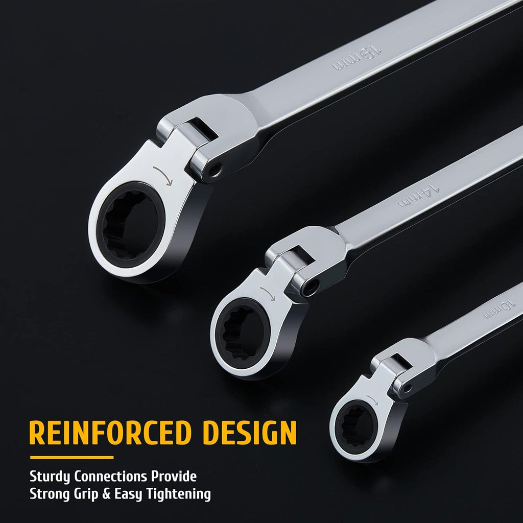 8 to 18 mm Ratcheting Wrench Set, 10 Pc, Flex Head Metric Ratchets R895