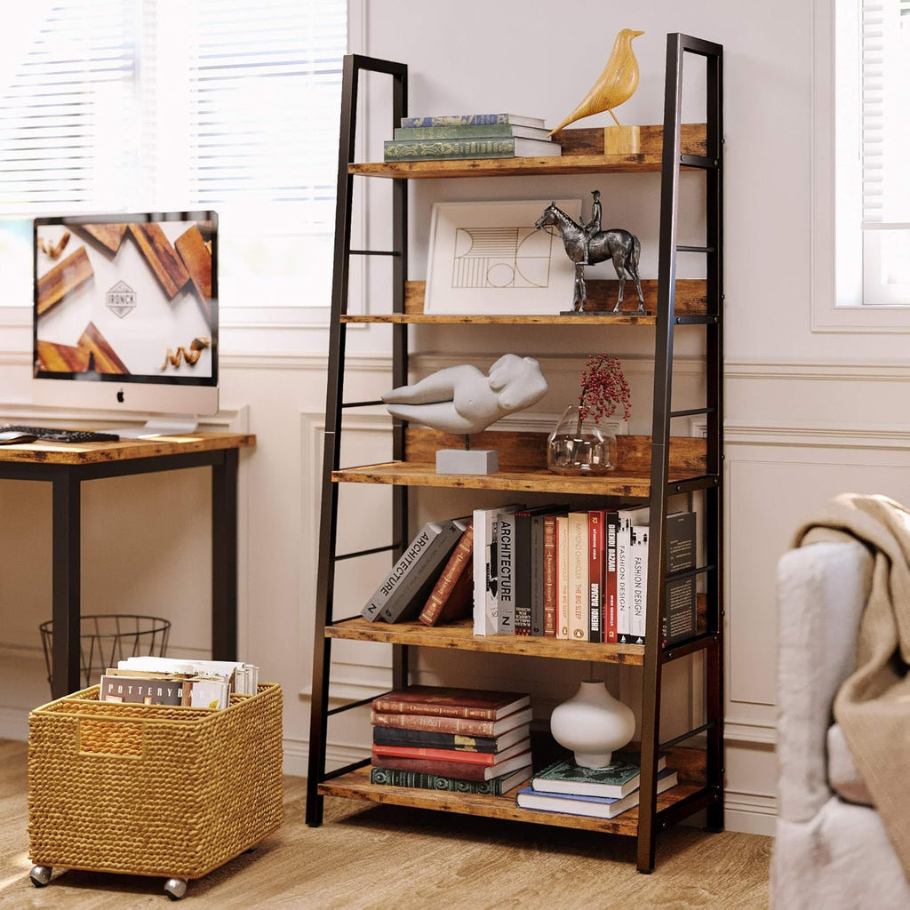 Industrial Bookshelves and Bookcases, Ladder Shelf 5 Tier with Metal Frame, Rustics Brown R92497