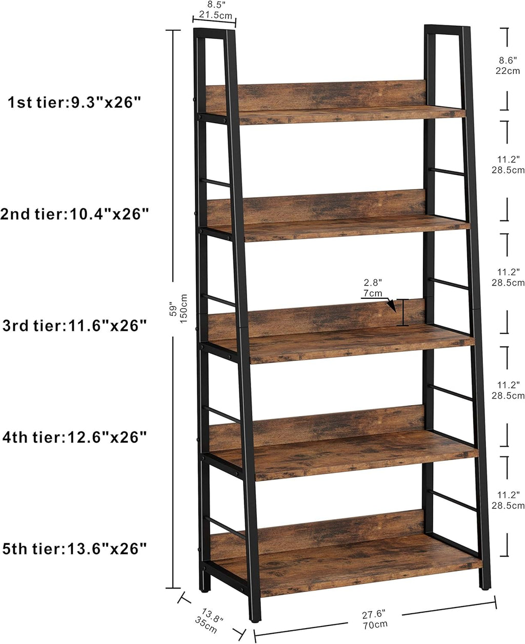 Industrial Bookshelves and Bookcases, Ladder Shelf 5 Tier with Metal Frame, Rustics Brown R92497