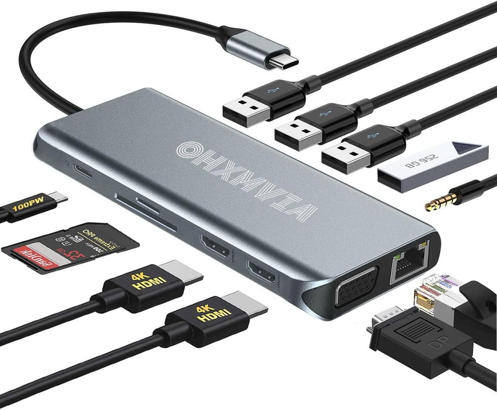 USB C Laptop Docking Station, 12-in-1 USB C Hub, Dual 4K HDMI, VGA, Gigabit Ethernet, 2 USB 3.0, 2 USB 2.0, 100W PD, SD/TF Card Reader, AUX, Pack of 2 Q5831