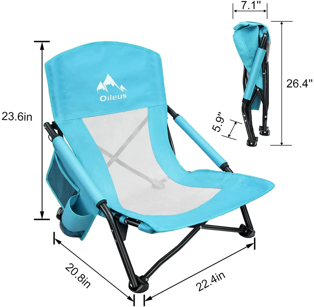 Low Beach Chair with Cup Holder & Storage Bag, Blue 1 Pack Z704