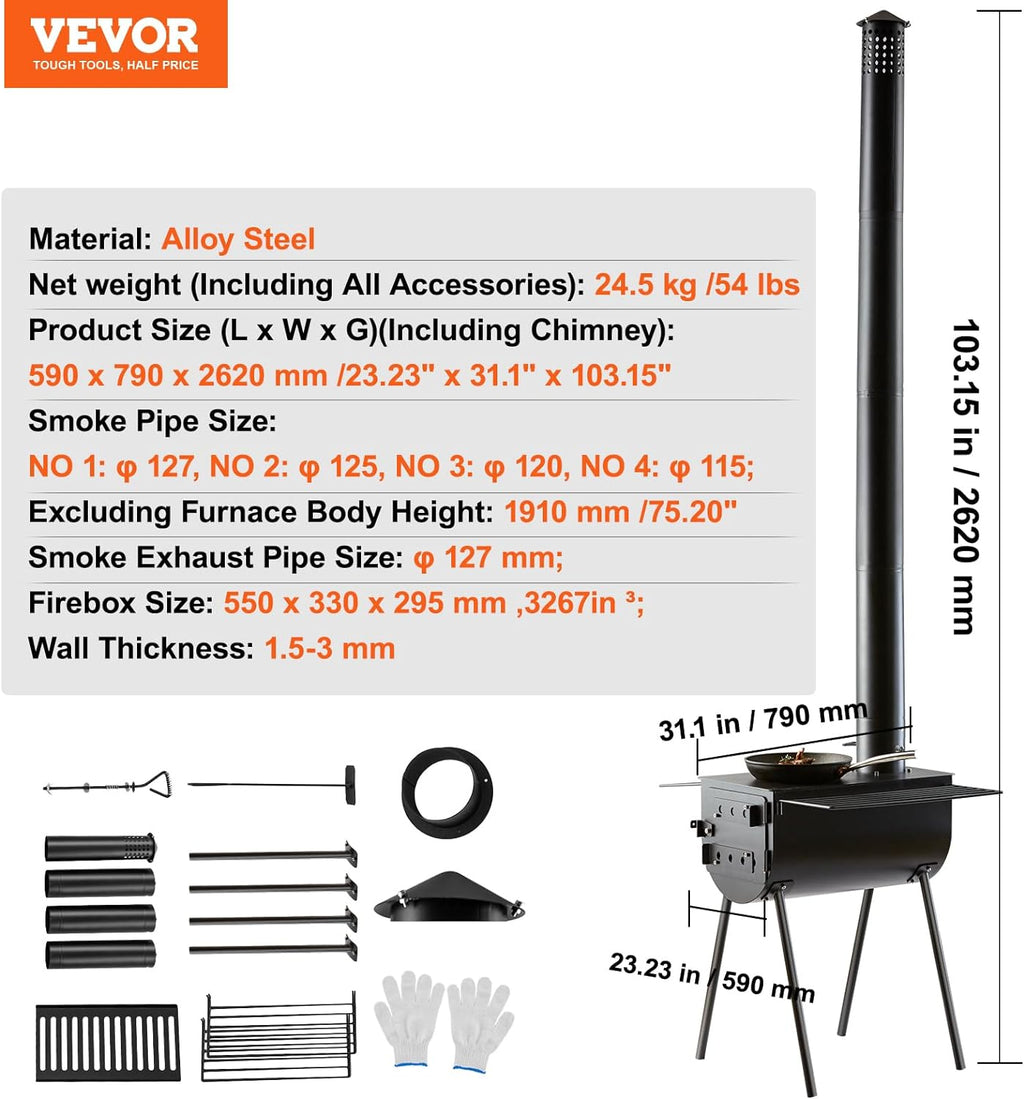 118 inch Alloy Steel Portable Wood Burning Stove with Chimney Pipes & Gloves Y607
