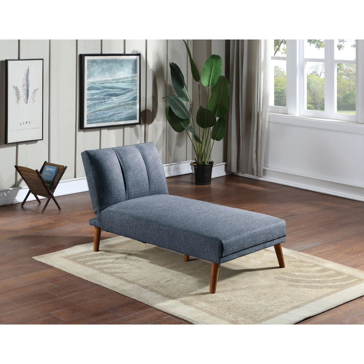 Blue Grey Polyfiber Adjustable Chaise Bed Solid Wood Legs Plush Couch T403425