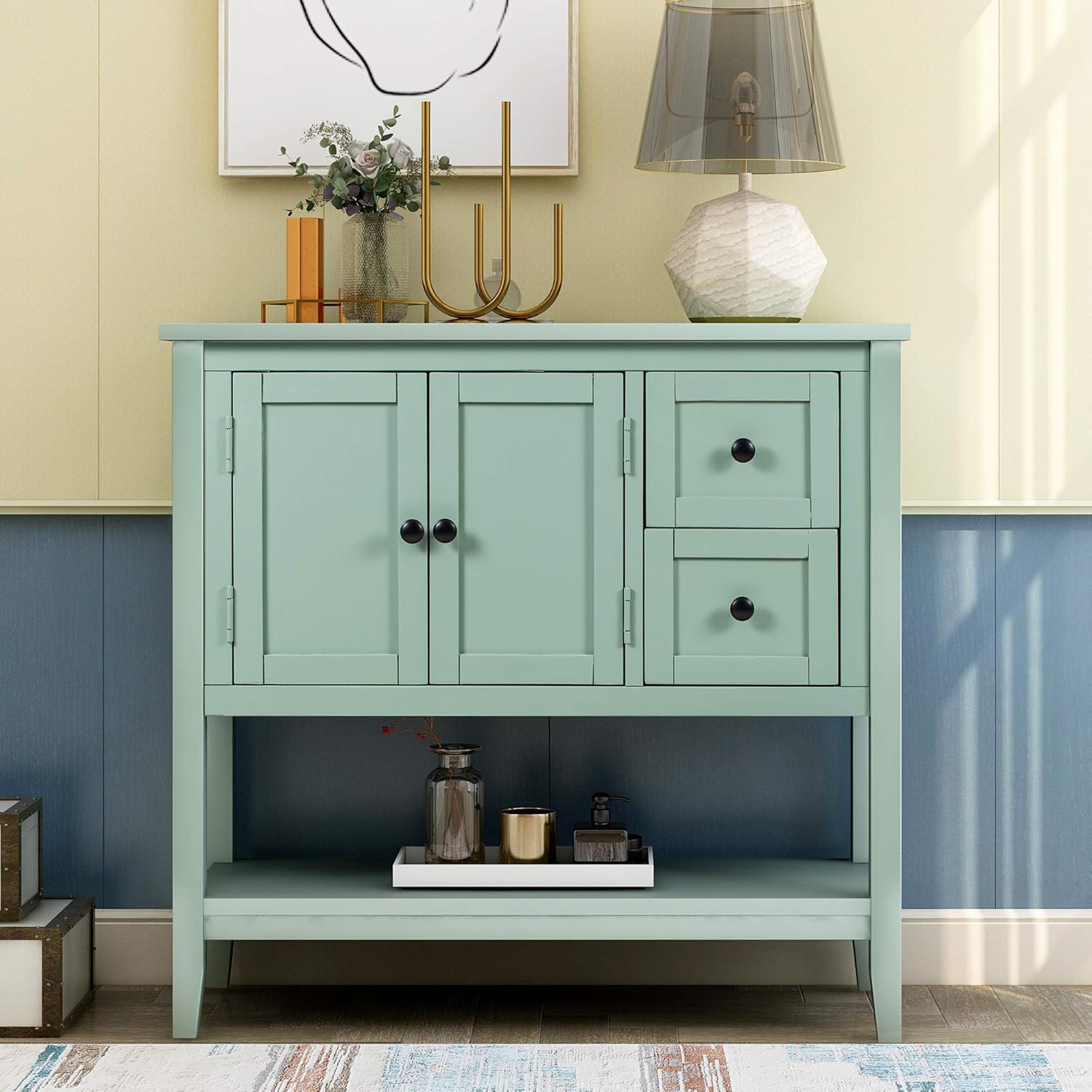 Espresso Wood Console Table with 2 Drawers, 2 Cabinets, 1 Shelf O708