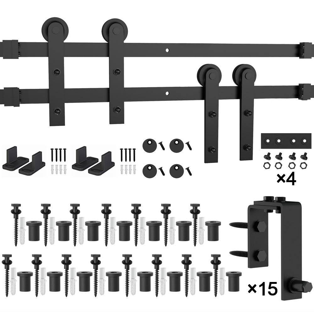 18ft Double Bypass Sliding Barn Door Hardware Kit Black Finish D1079