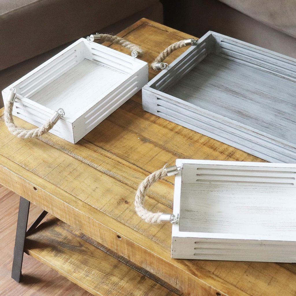 Nesting Serving Trays with Rope Handles, Set of 3, Wood Trays Q3719