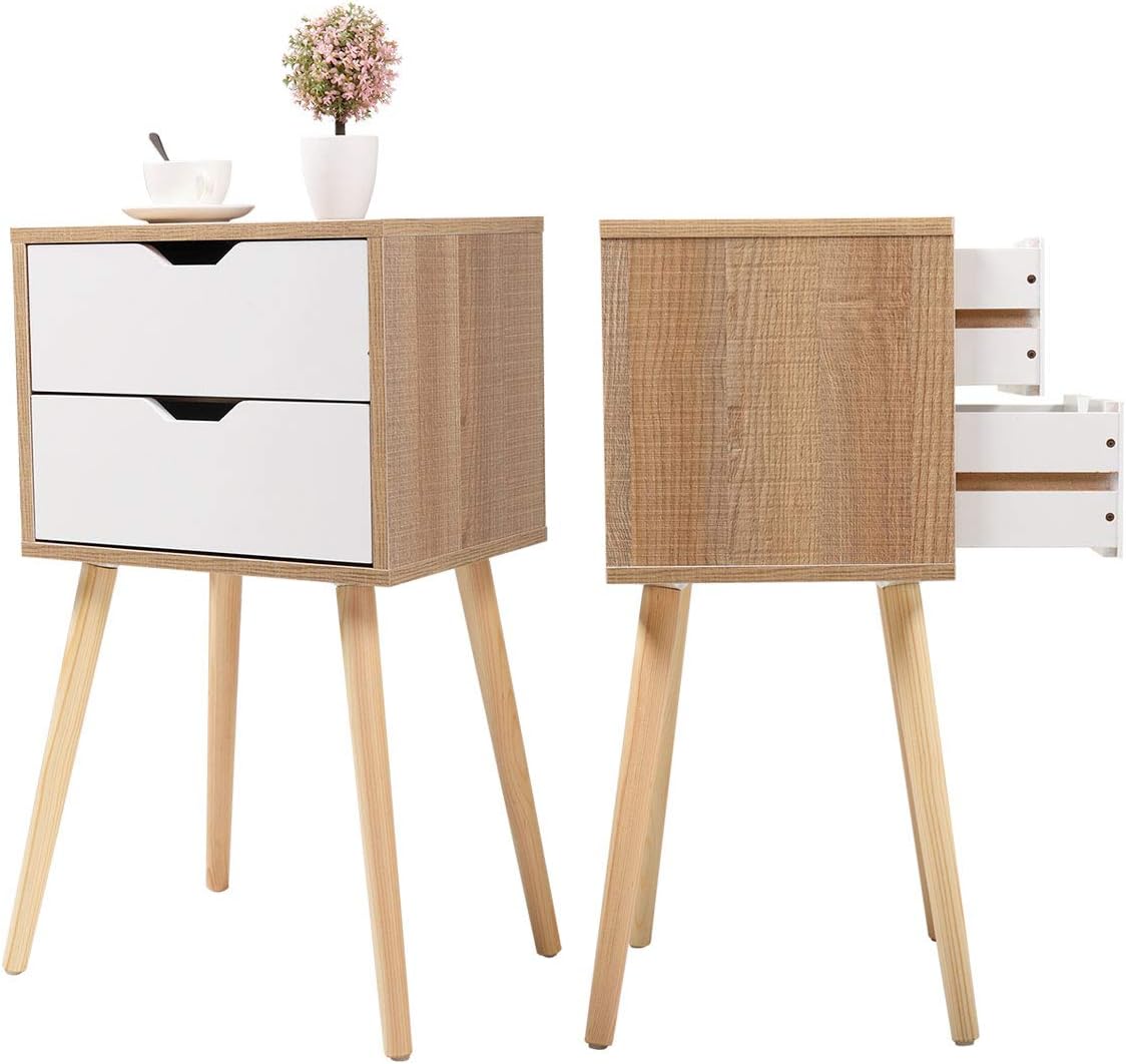 Set of 2 White & Walnut Wood Nightstand End Table J653804