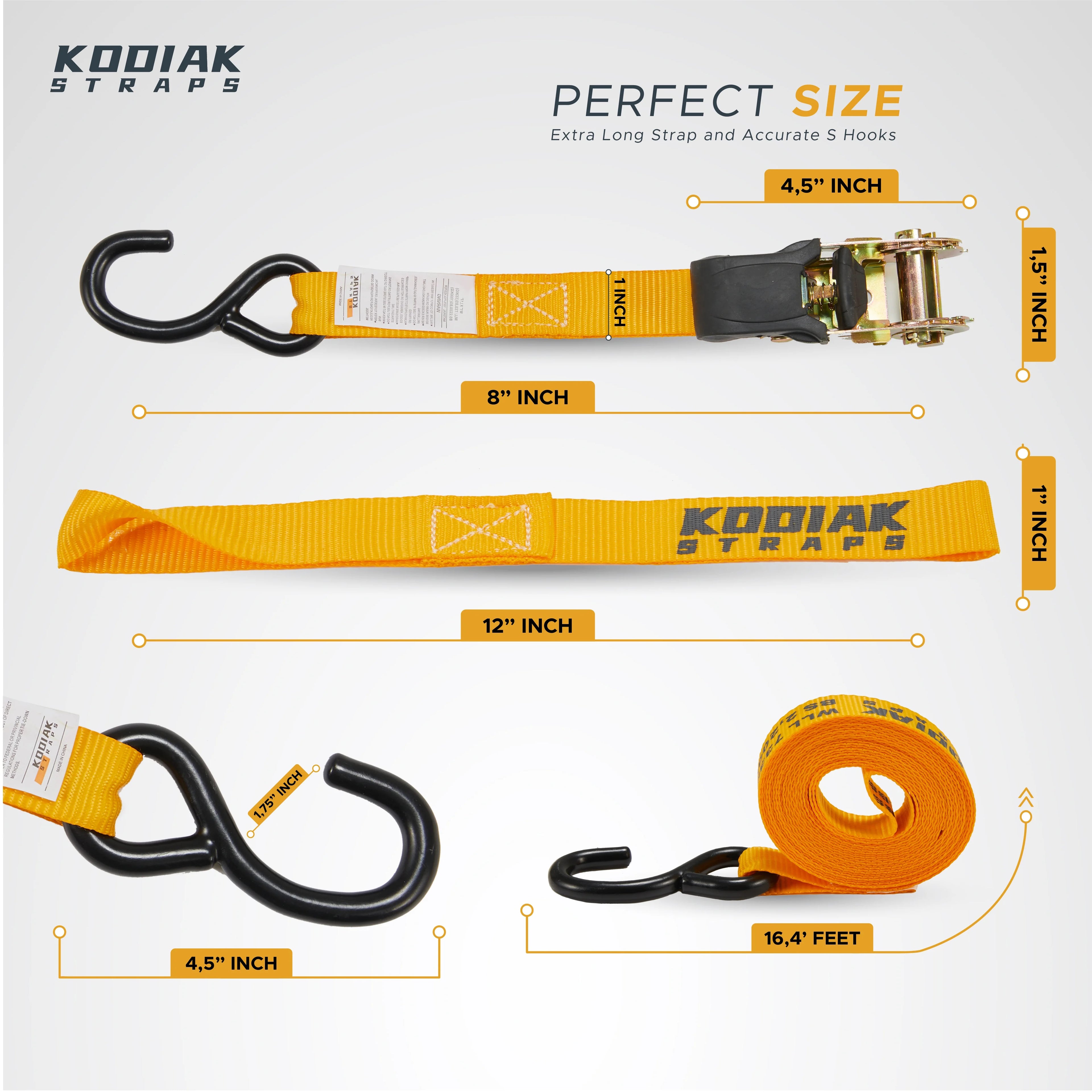 Ratchet Straps Heavy Duty Tie Down Strap Set 2200 Break Strength 1" x 17' 4pk with Soft Loops Coated Deep S-Hook & Carry Bag D67771