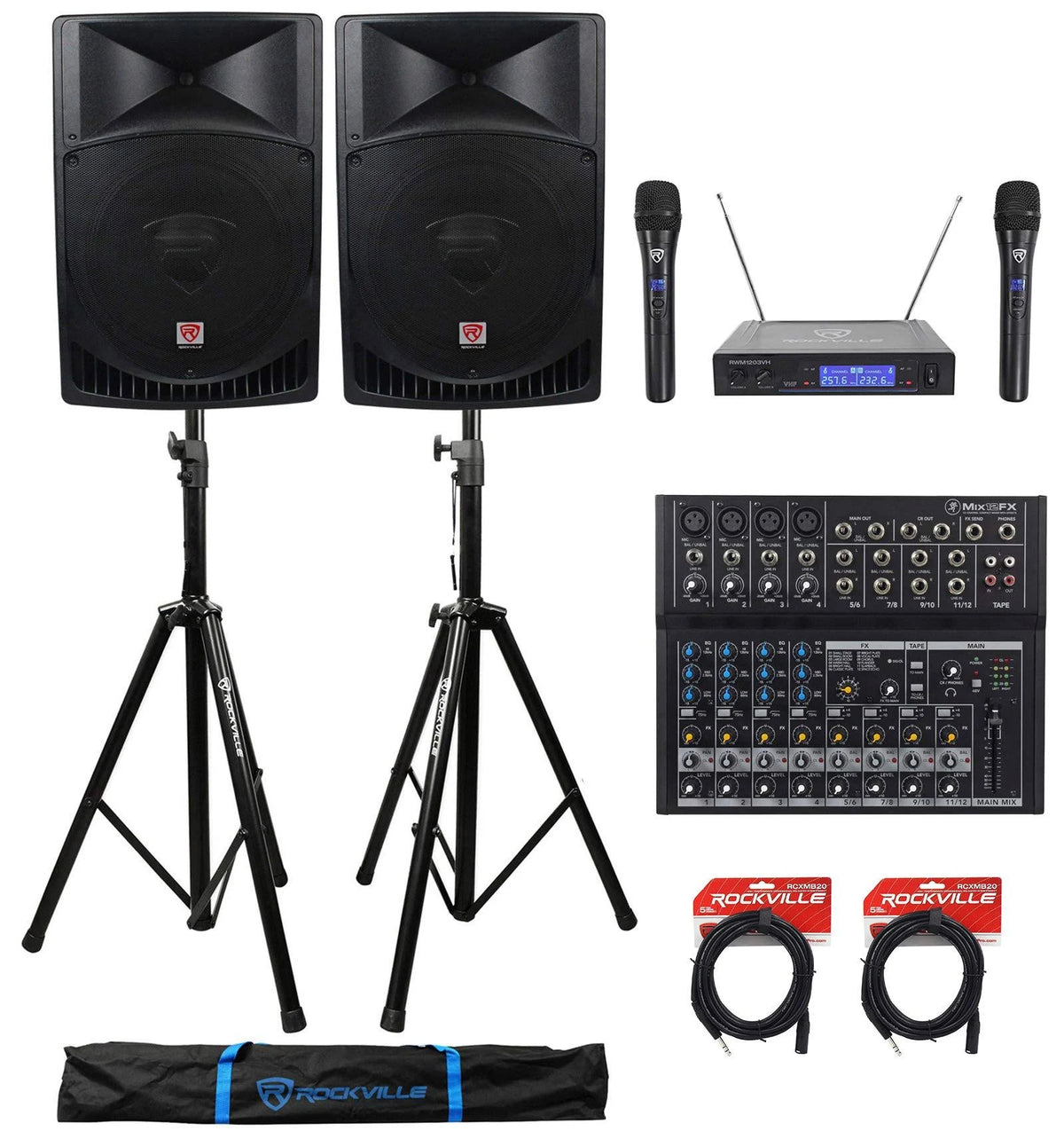 2000W Active PA/DJ Speakers with Mixer, Mic, Stands, Cables, Bag Z1574
