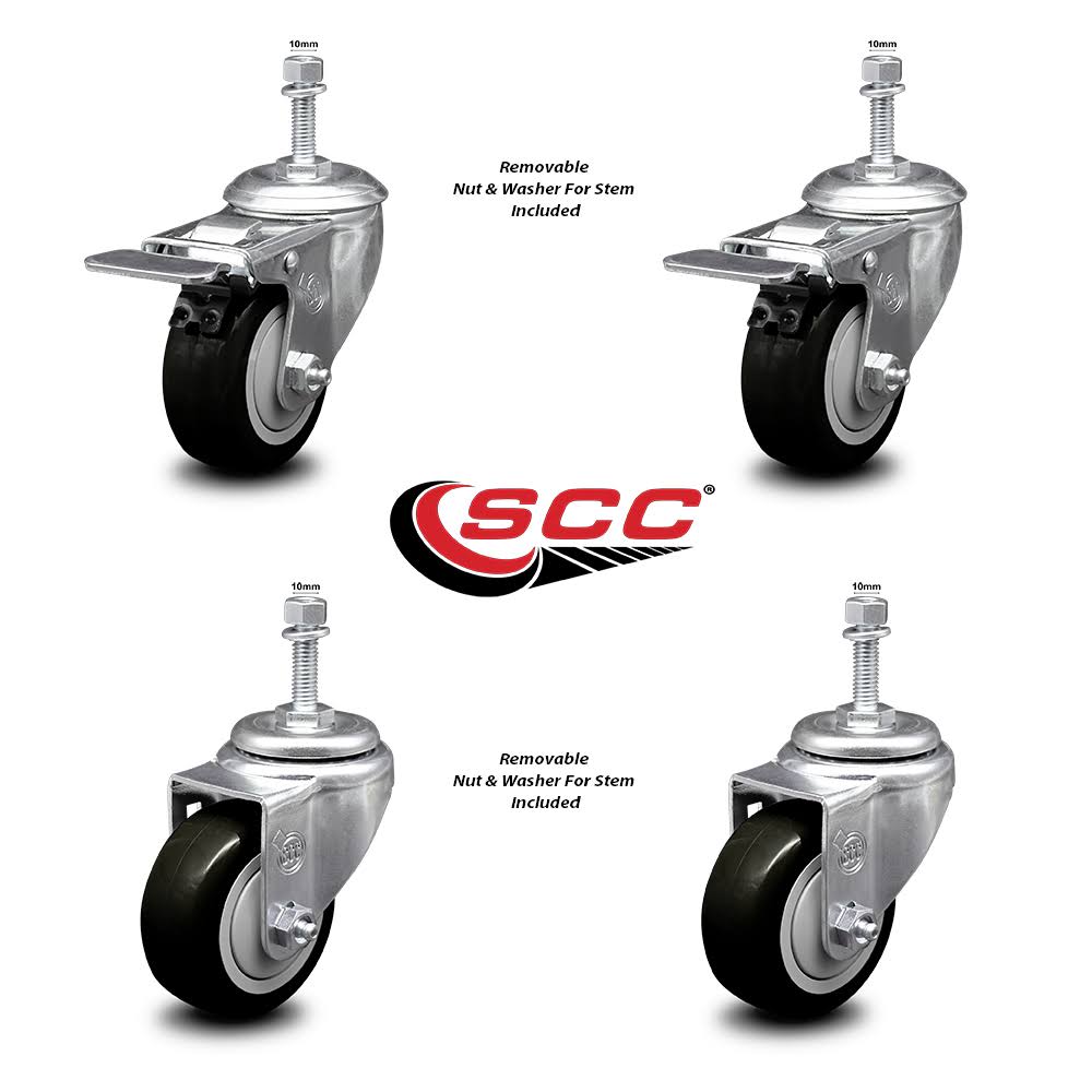 Set of 4 Polyurethane Swivel Threaded Stem Casters with Black Wheels R46839
