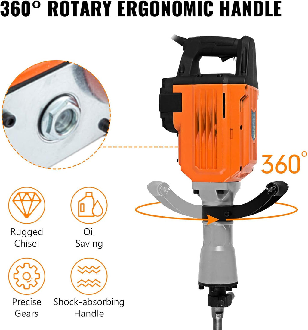 2200W Electric Demolition Hammer Concrete Breaker with Flat Chisel Bull Point Chisel D74700