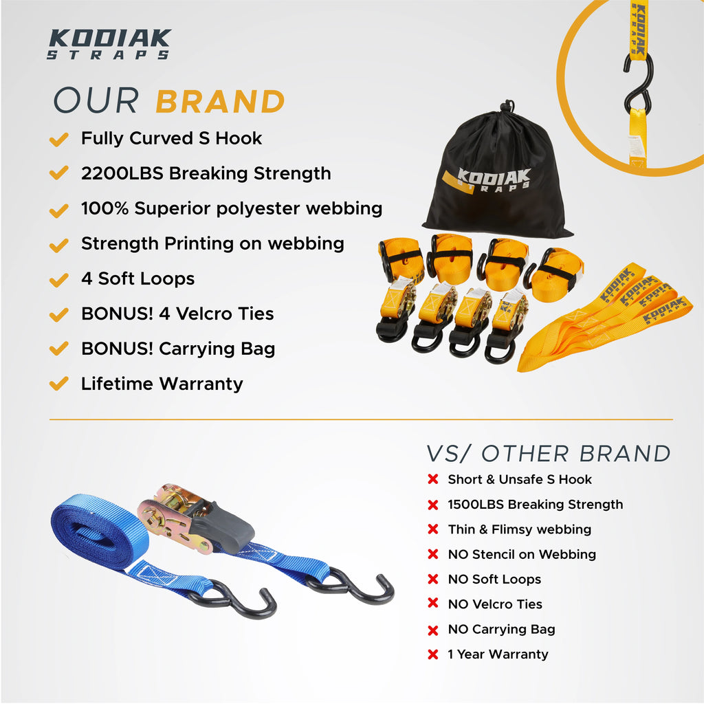 Ratchet Straps Heavy Duty Tie Down Strap Set 2200 Break Strength 1" x 17' 4pk with Soft Loops Coated Deep S-Hook & Carry Bag D67771