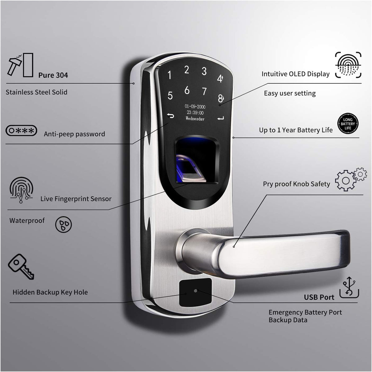 Smart Door Lock with Fingerprint Stainless Steel Touchscreen Q300