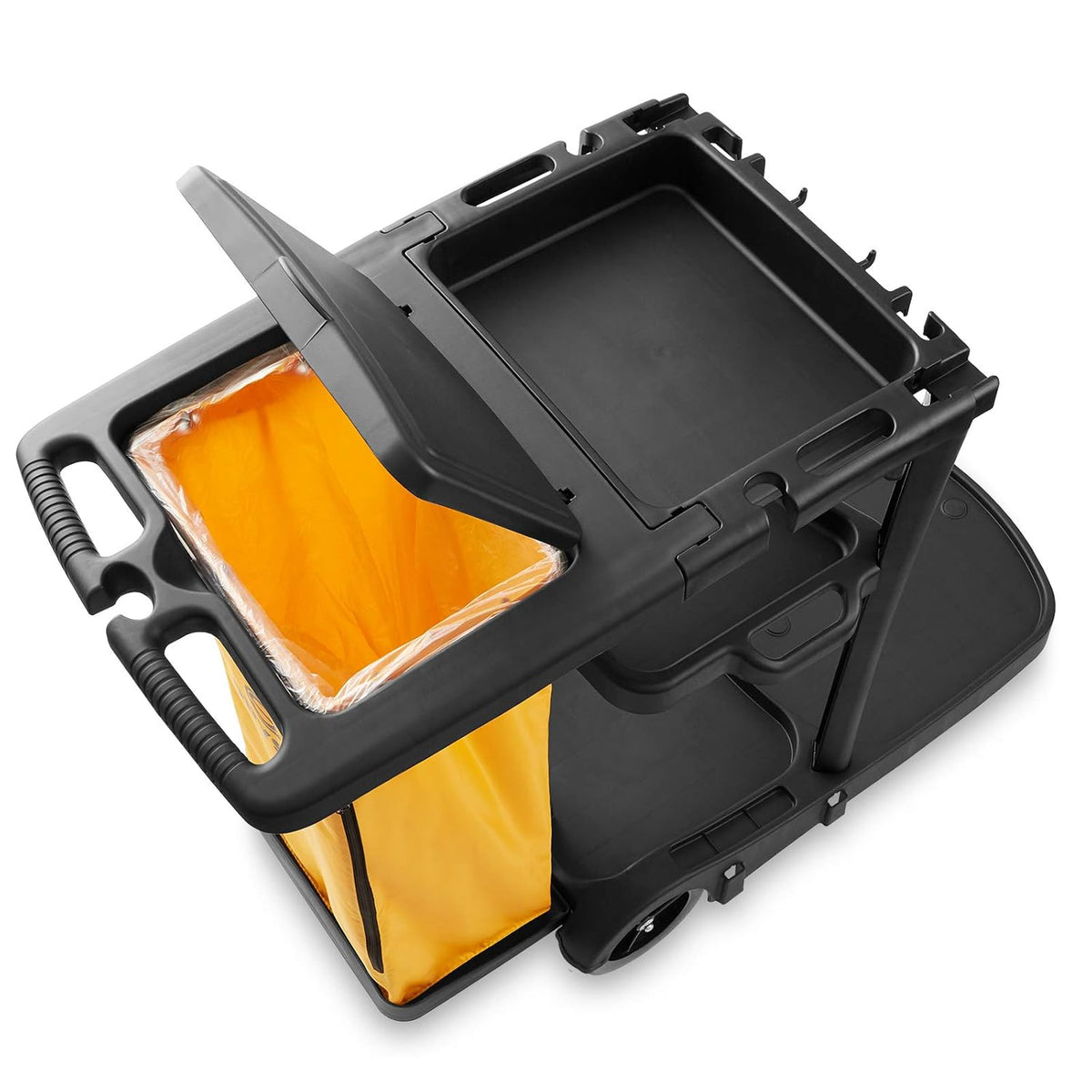 Black Housekeeping Cleaning Cart with Shelves and Vinyl Bag P783971