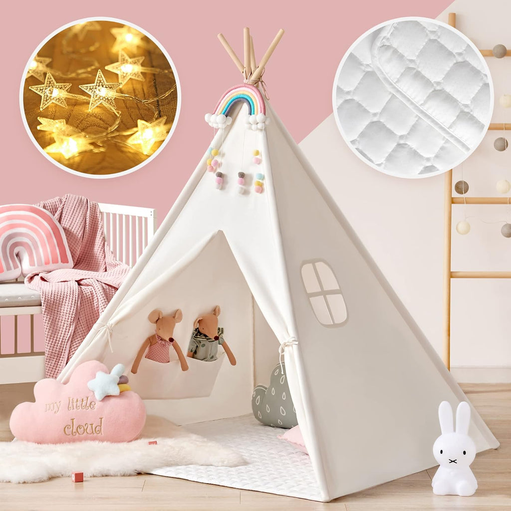 White Canvas Kids Teepee Tent with Padded Mat & Carry Case Z3516