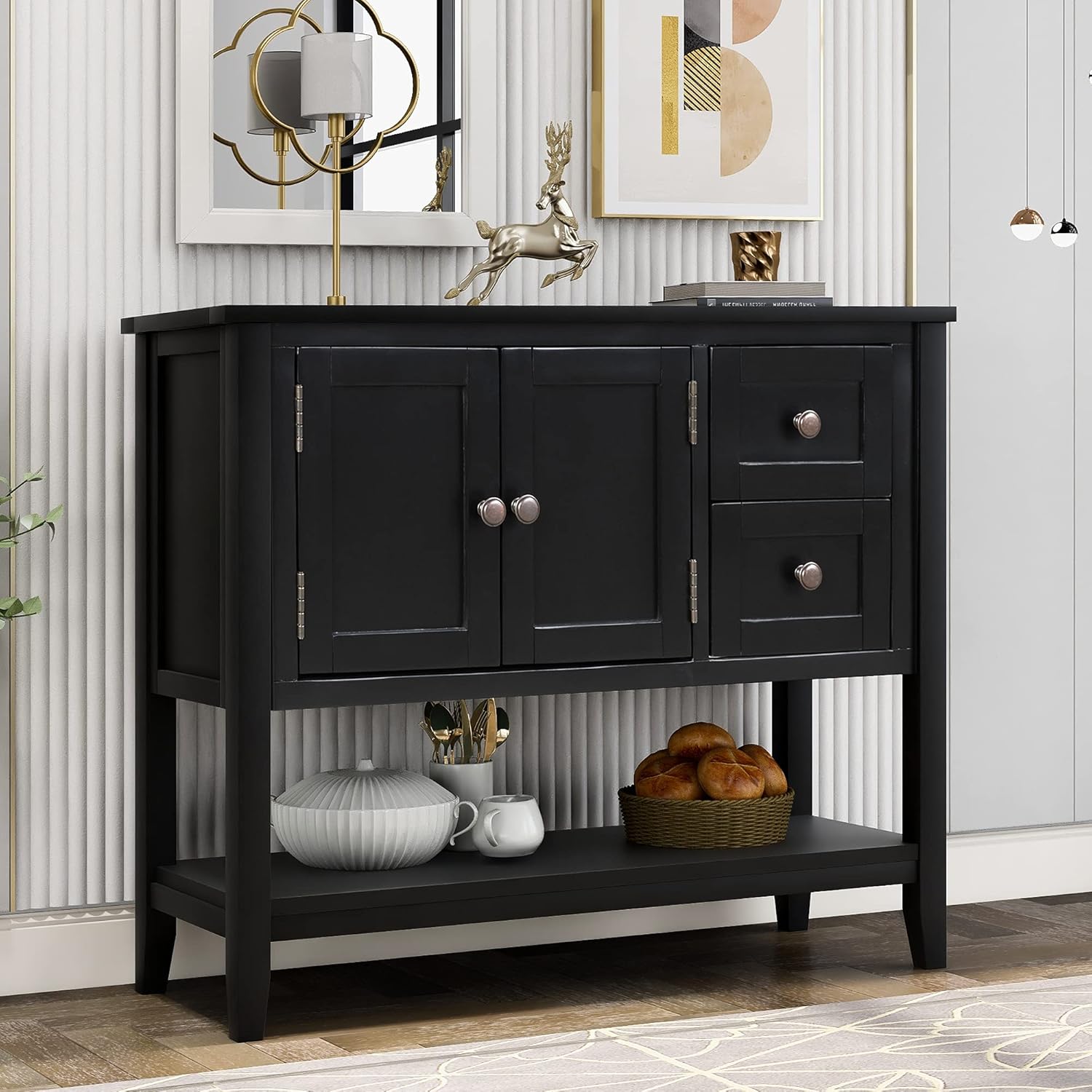 Espresso Wood Console Table with 2 Drawers, 2 Cabinets, 1 Shelf O708