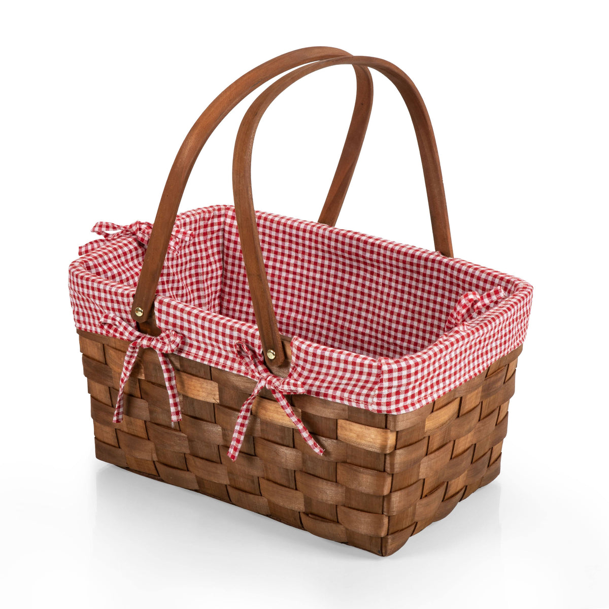 Red White Gingham Handwoven Wood Picnic Basket T923898