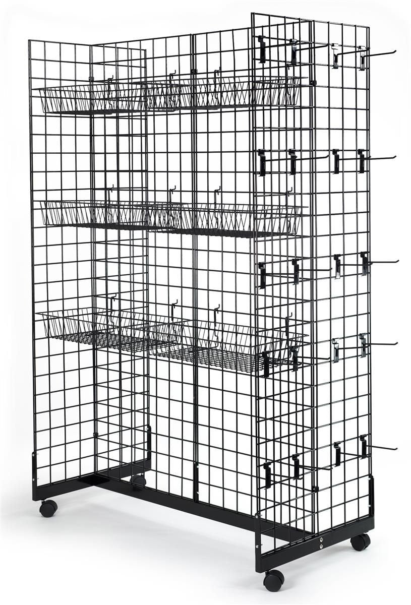 Black Gridwall Panel Display Fixture with Gondola Base and Casters K523