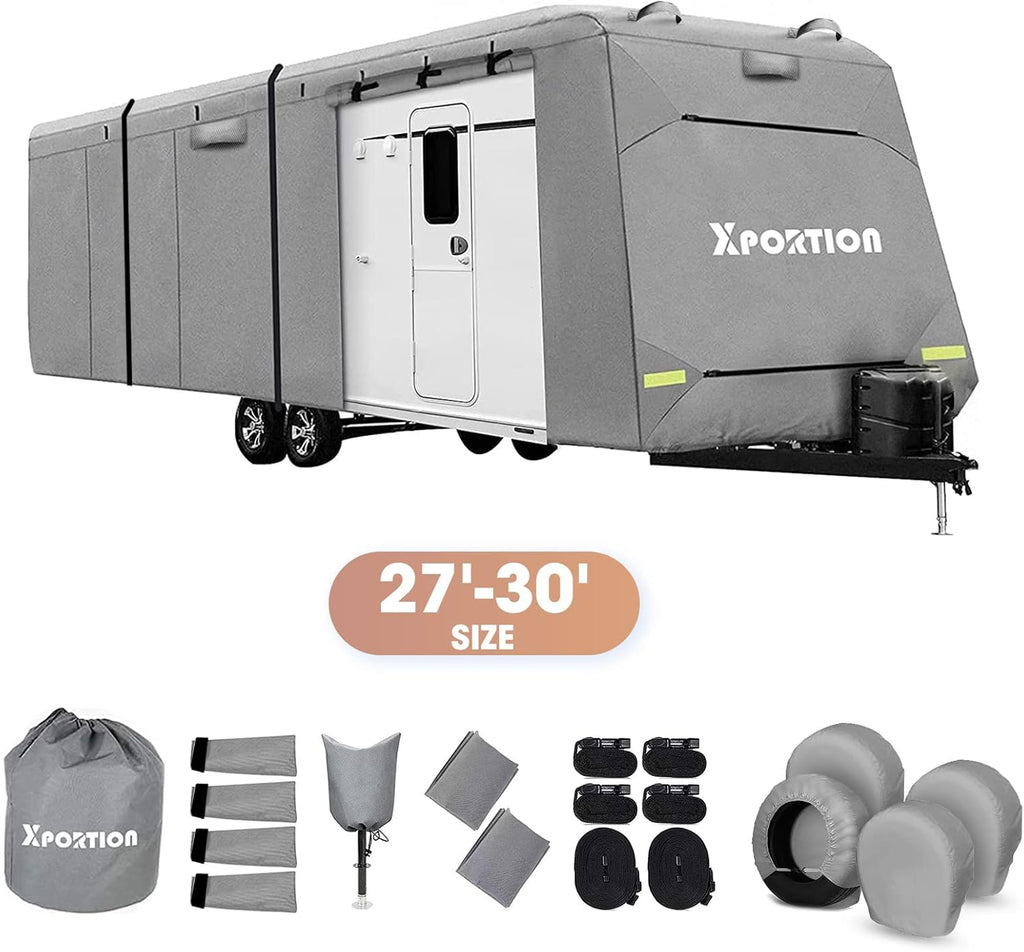 4-Layer Windproof Travel Trailer Cover Fits 27' - 30' with 2 Straps and 2 Patches X88338