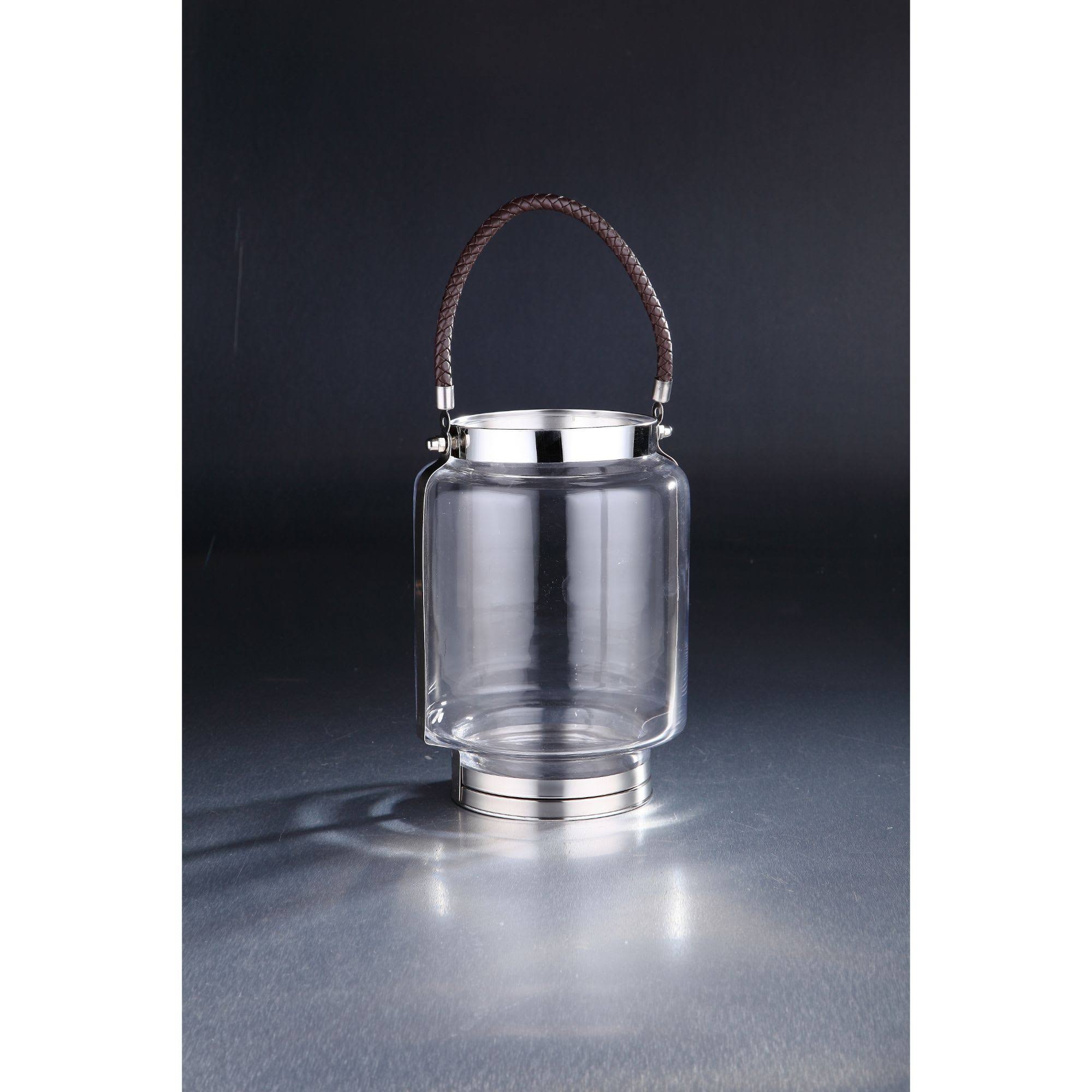 Clear and Silver Cylindrical Glass Hurricane Candle Holder with Rope Hanger U93651